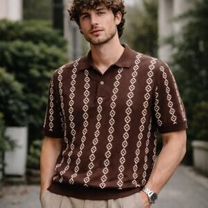 OXKNITSTORE Retro Knit Polo Shirt Men XL Brown Cream Geometric 60s Style